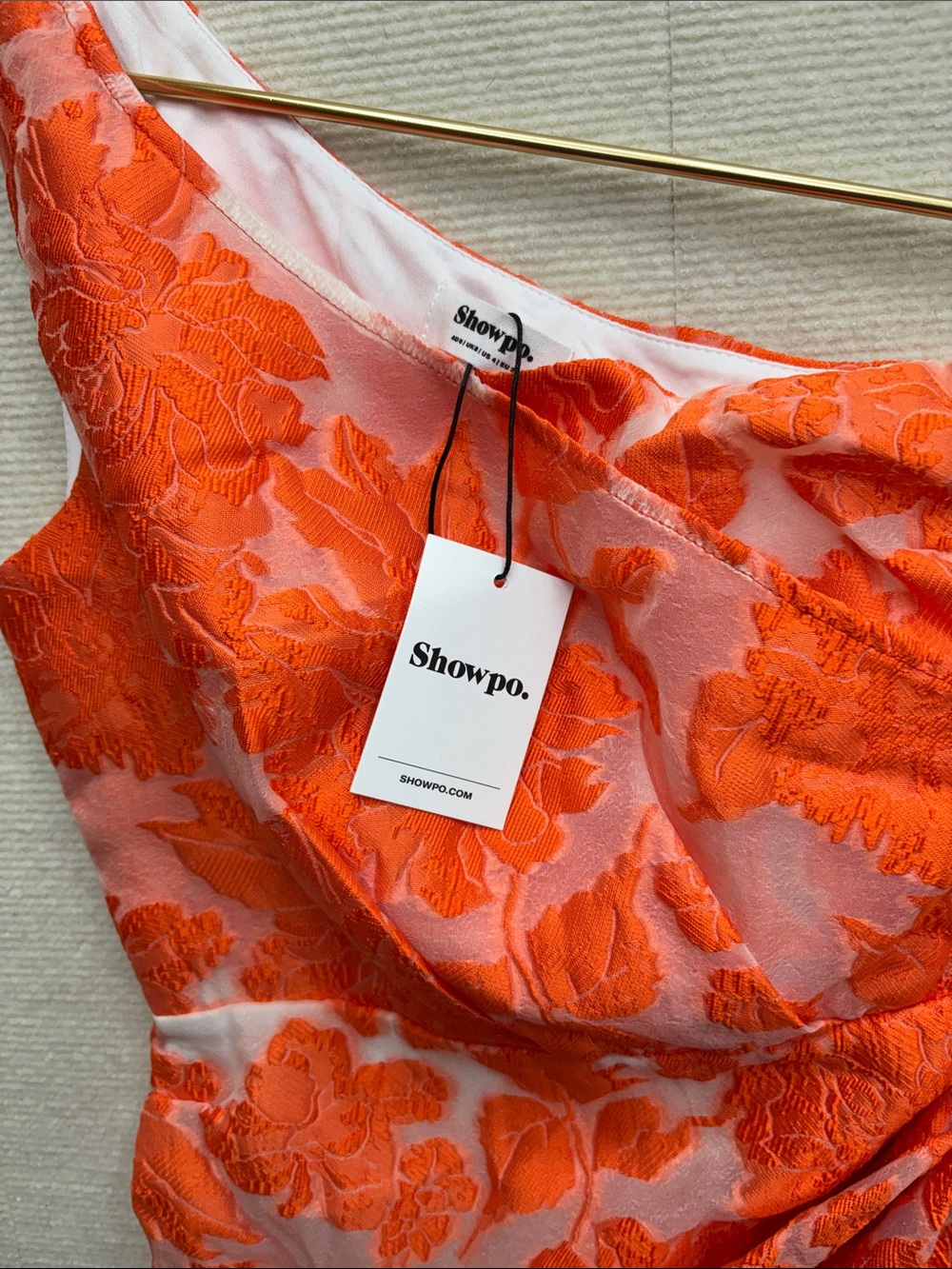 Showpo One-Shoulder Floral Jacquard Dress in Bright Orange - Picture 5 of 8